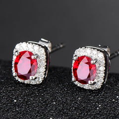 925 Sterling Silver Oval Full Diamond Ruby Earrings