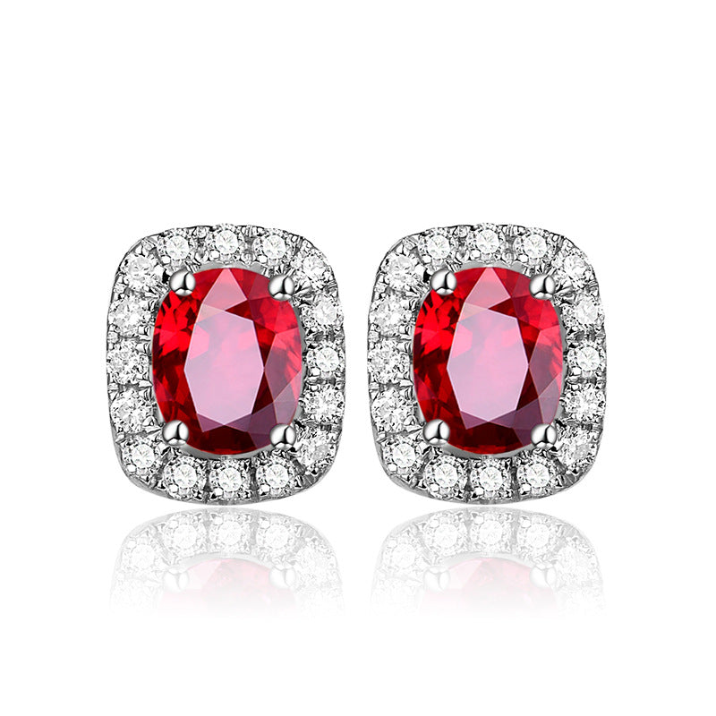 925 Sterling Silver Oval Full Diamond Ruby Earrings