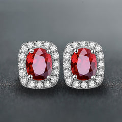 925 Sterling Silver Oval Full Diamond Ruby Earrings