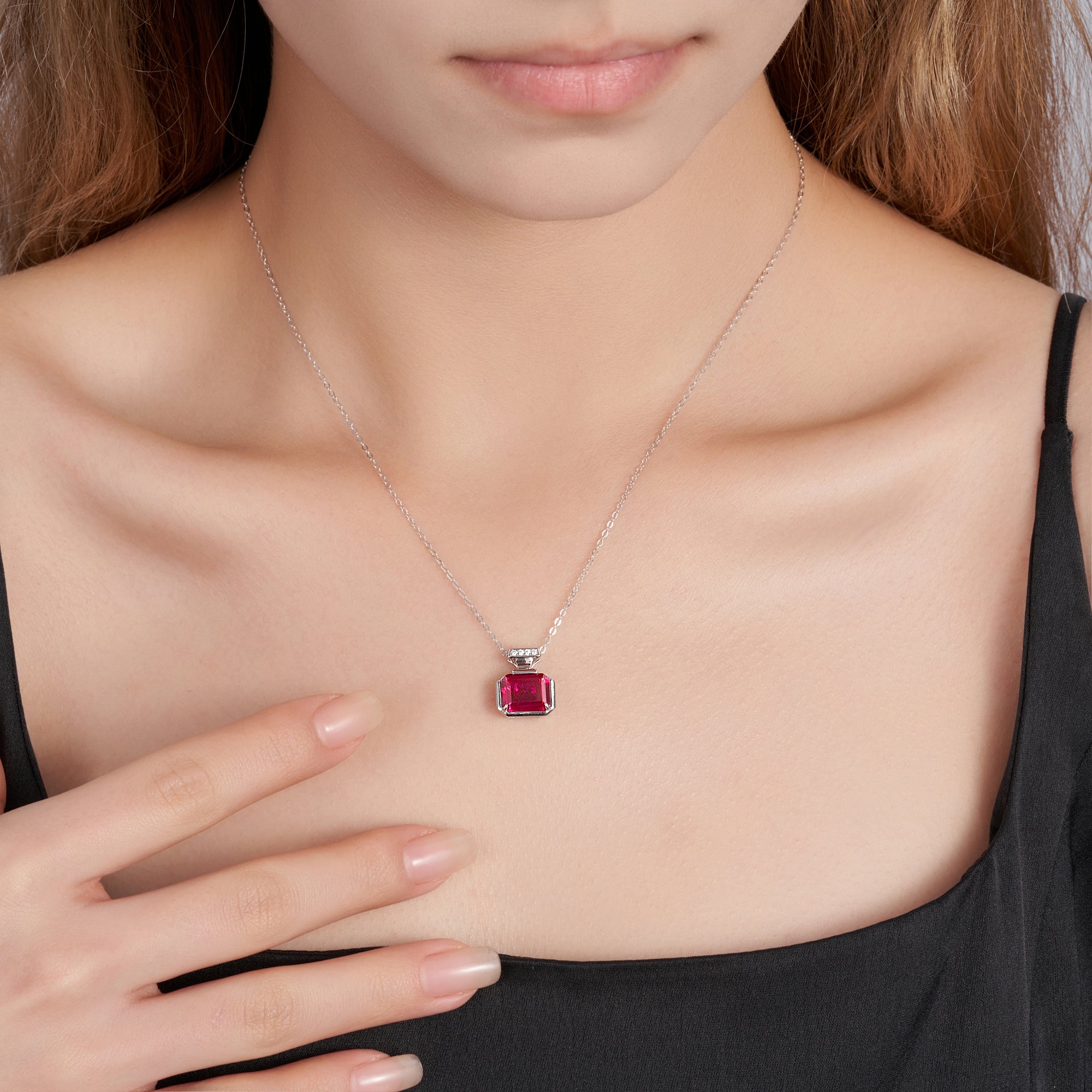 925 silver cultured ruby necklace, rectangular, women, daily, party, festival, wedding