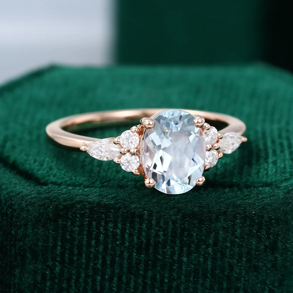 Rose Gold Oval Cut Aquamarine With Moissanite Engagement Ring