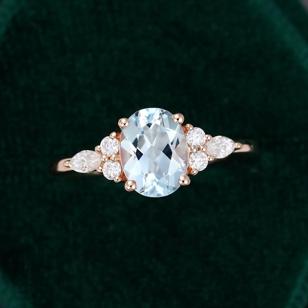 Rose Gold Oval Cut Aquamarine With Moissanite Engagement Ring