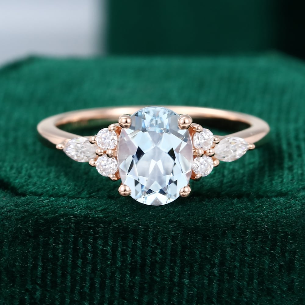 Rose Gold Oval Cut Aquamarine With Moissanite Engagement Ring