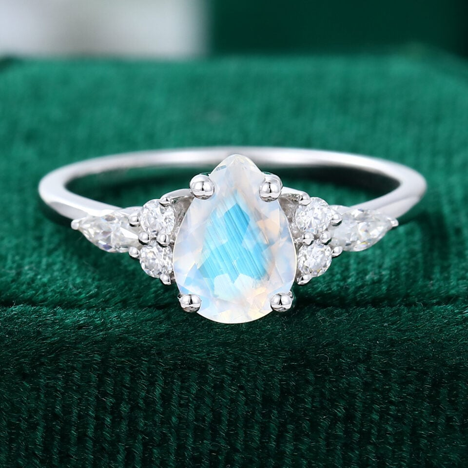 Vintage Pear Shaped Moonstone Engagement Ring In 14K White Gold