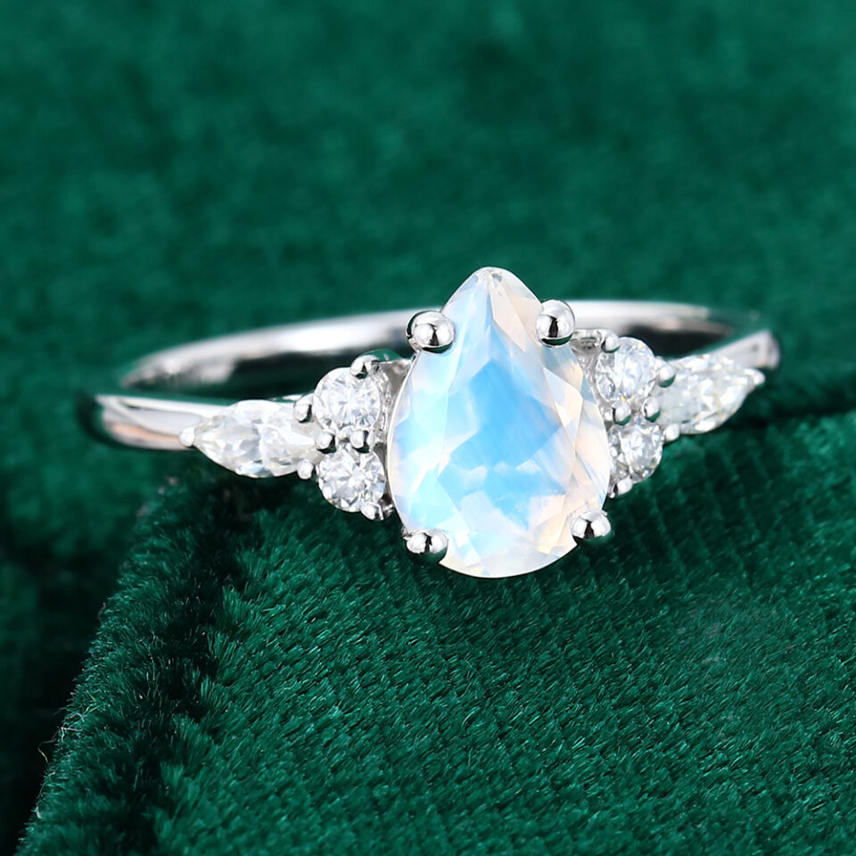 Vintage Pear Shaped Moonstone Engagement Ring In 14K White Gold