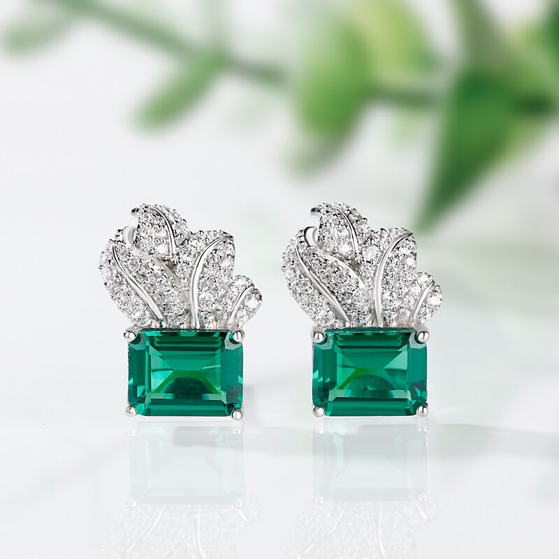 Leaf Design Emerald Cut Sterling Silver Earrings