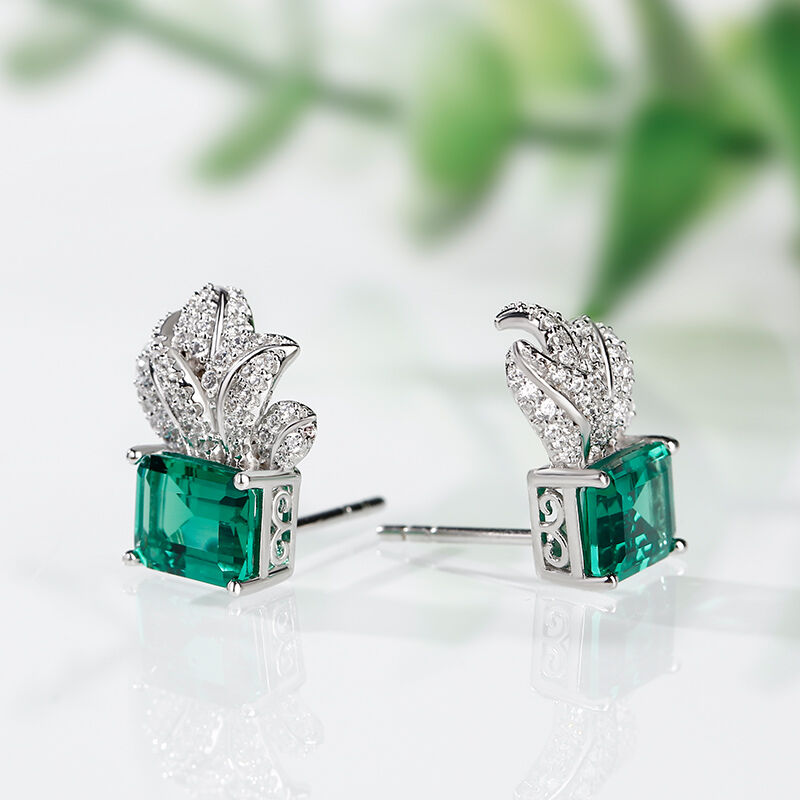 Leaf Design Emerald Cut Sterling Silver Earrings