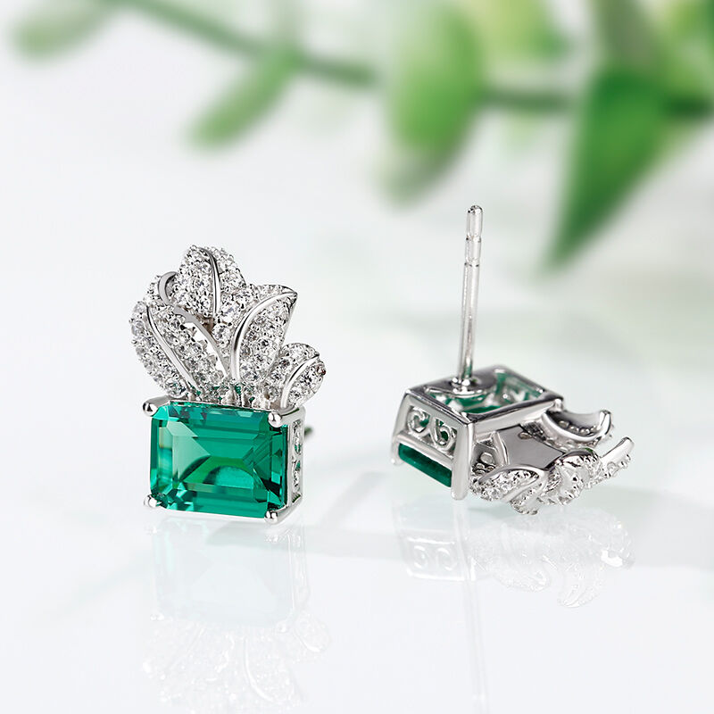 Leaf Design Emerald Cut Sterling Silver Earrings