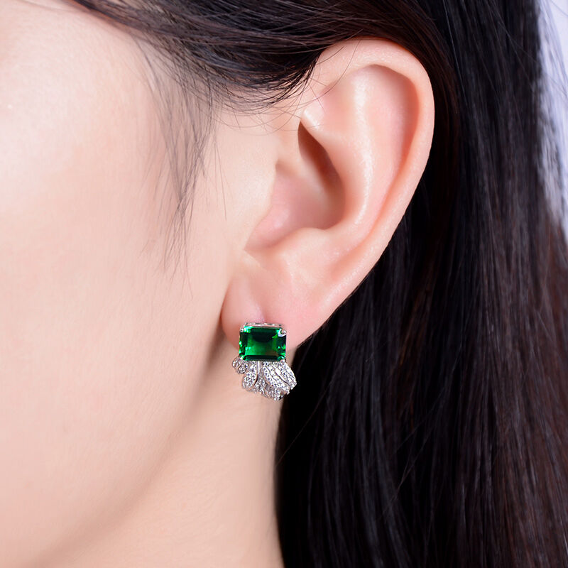 Leaf Design Emerald Cut Sterling Silver Earrings