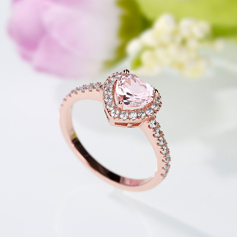 Halo Heart Cut Synthetic Morganite Sterling Silver Ring