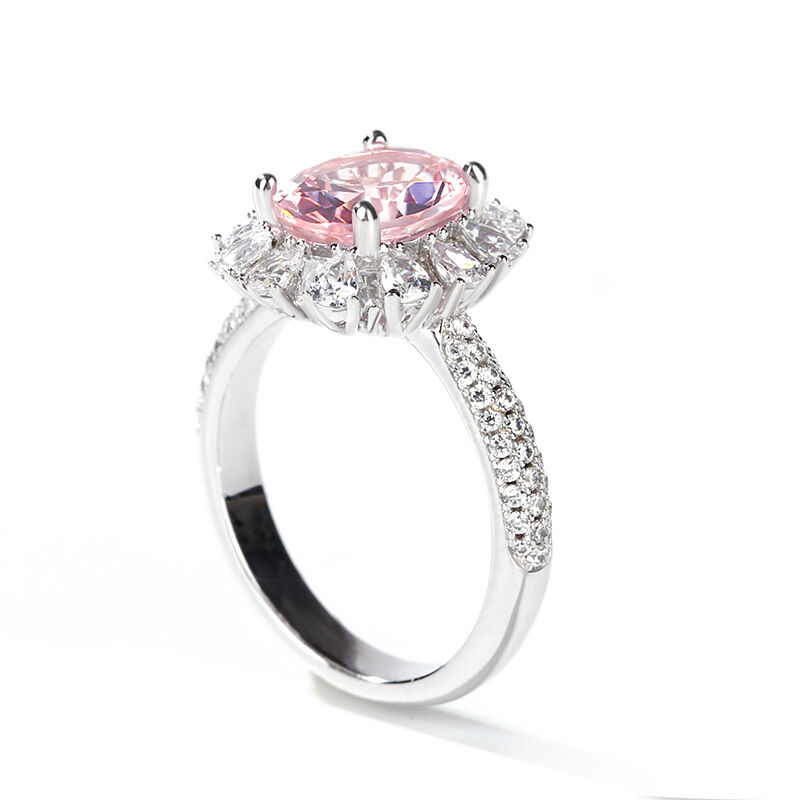 Floral Halo Oval Cut Synthetic Morganite Sterling Silver Ring