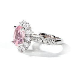 Floral Halo Oval Cut Synthetic Morganite Sterling Silver Ring