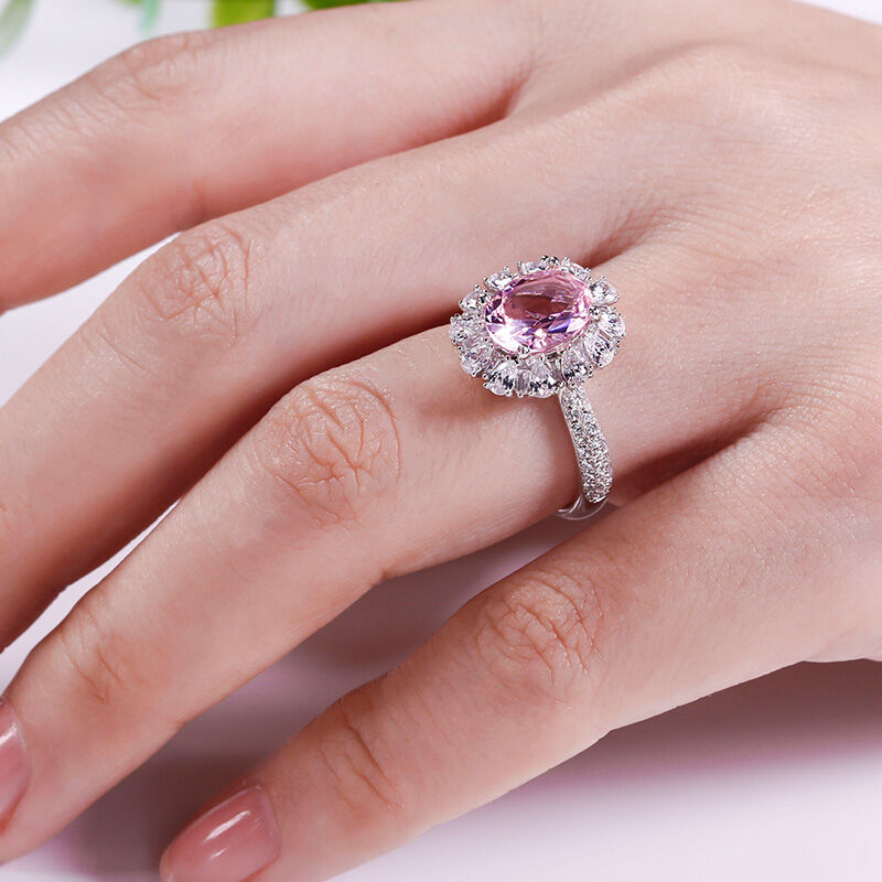 Floral Halo Oval Cut Synthetic Morganite Sterling Silver Ring