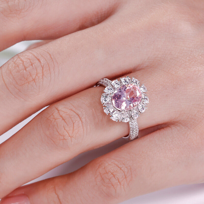 Floral Halo Oval Cut Synthetic Morganite Sterling Silver Ring