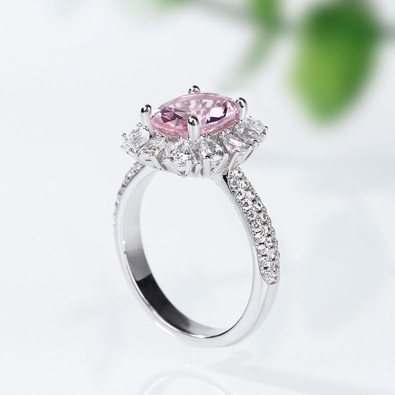 Floral Halo Oval Cut Synthetic Morganite Sterling Silver Ring