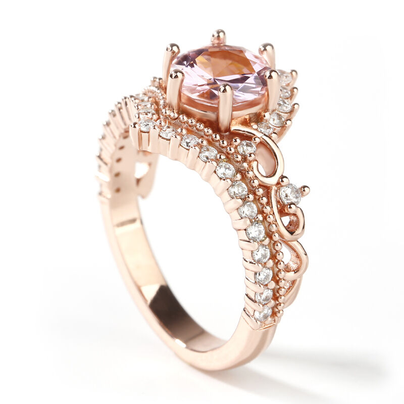 Crown Design Round Cut Synthetic Morganite Sterling Silver Ring