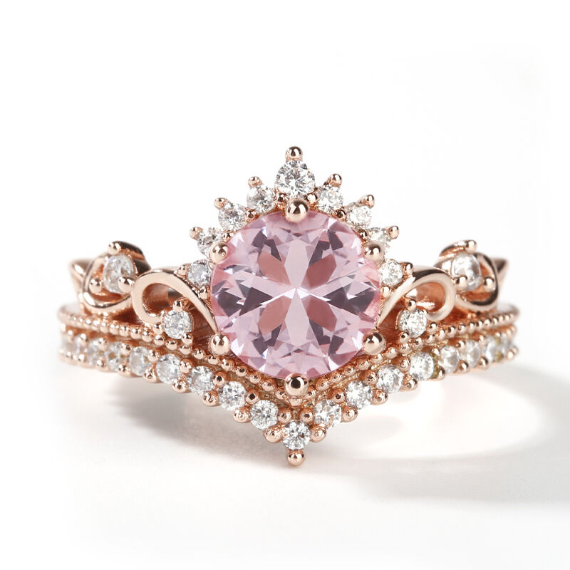 Crown Design Round Cut Synthetic Morganite Sterling Silver Ring