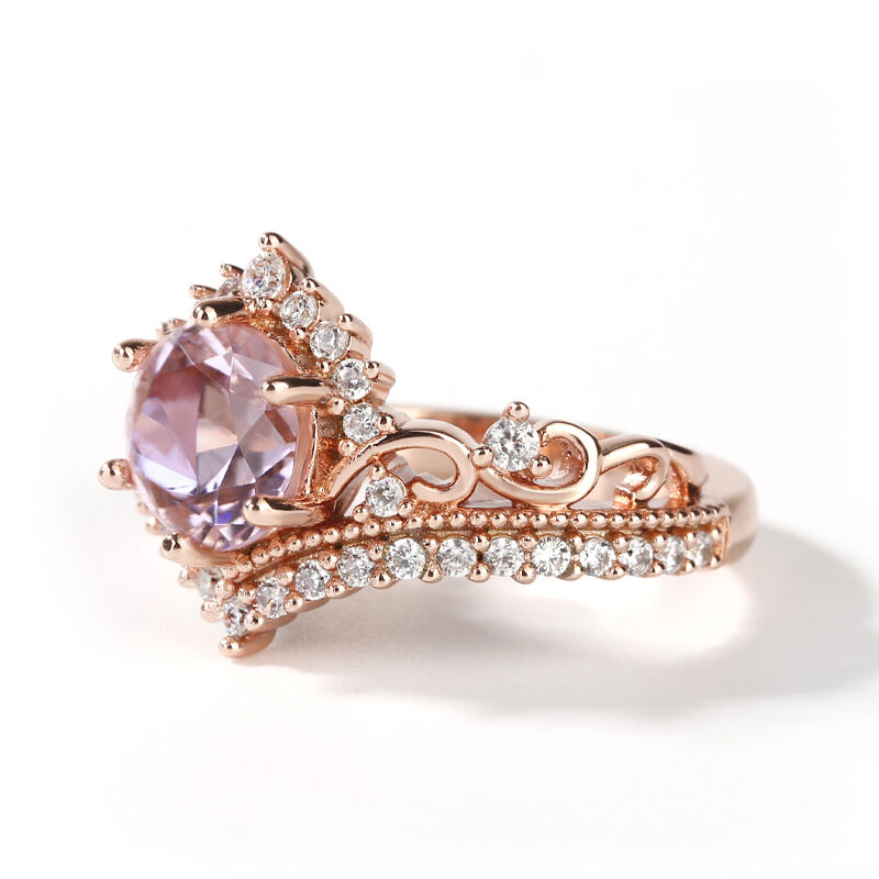 Crown Design Round Cut Synthetic Morganite Sterling Silver Ring