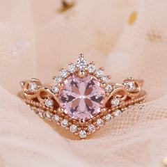 Crown Design Round Cut Synthetic Morganite Sterling Silver Ring