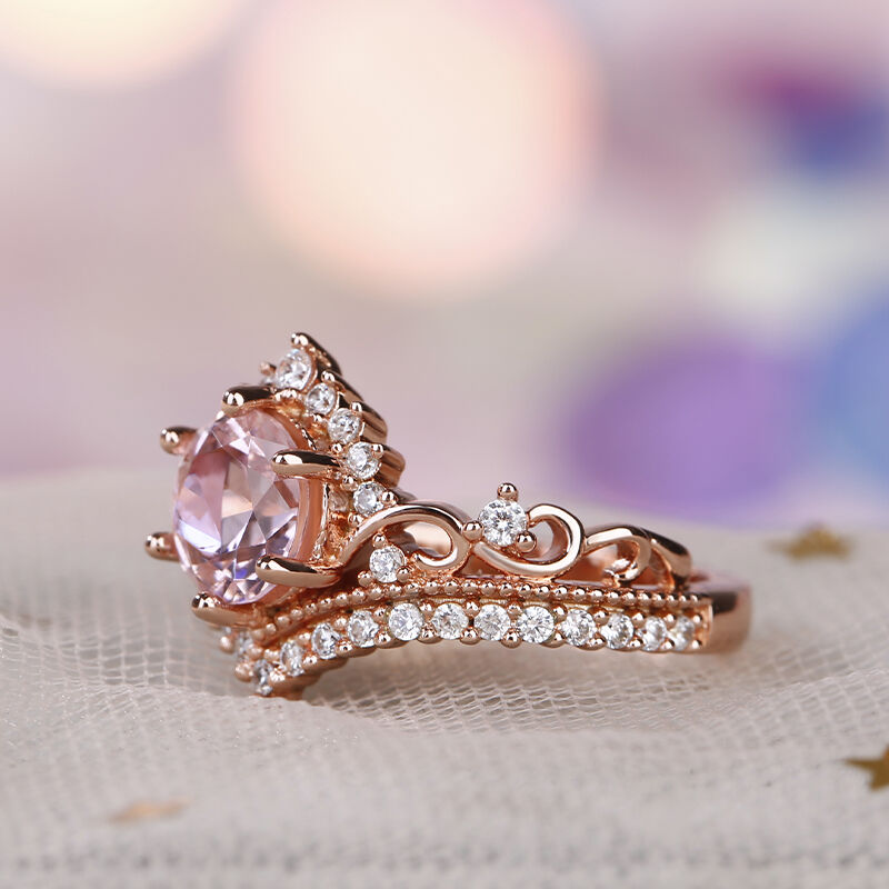 Crown Design Round Cut Synthetic Morganite Sterling Silver Ring