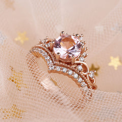 Crown Design Round Cut Synthetic Morganite Sterling Silver Ring