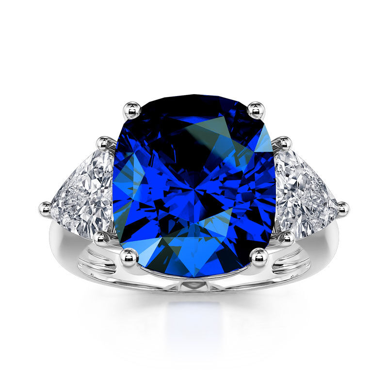 Three Stone Sapphire Cushion Cut Sterling Silver Ring