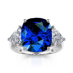 Three Stone Sapphire Cushion Cut Sterling Silver Ring