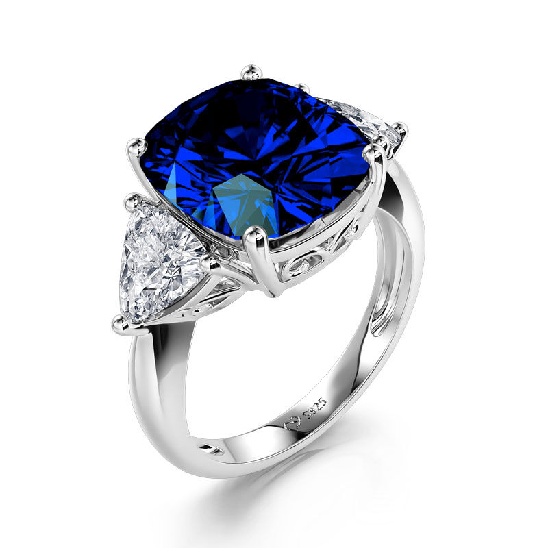 Three Stone Sapphire Cushion Cut Sterling Silver Ring