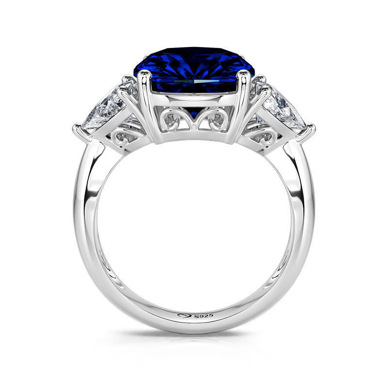 Three Stone Sapphire Cushion Cut Sterling Silver Ring