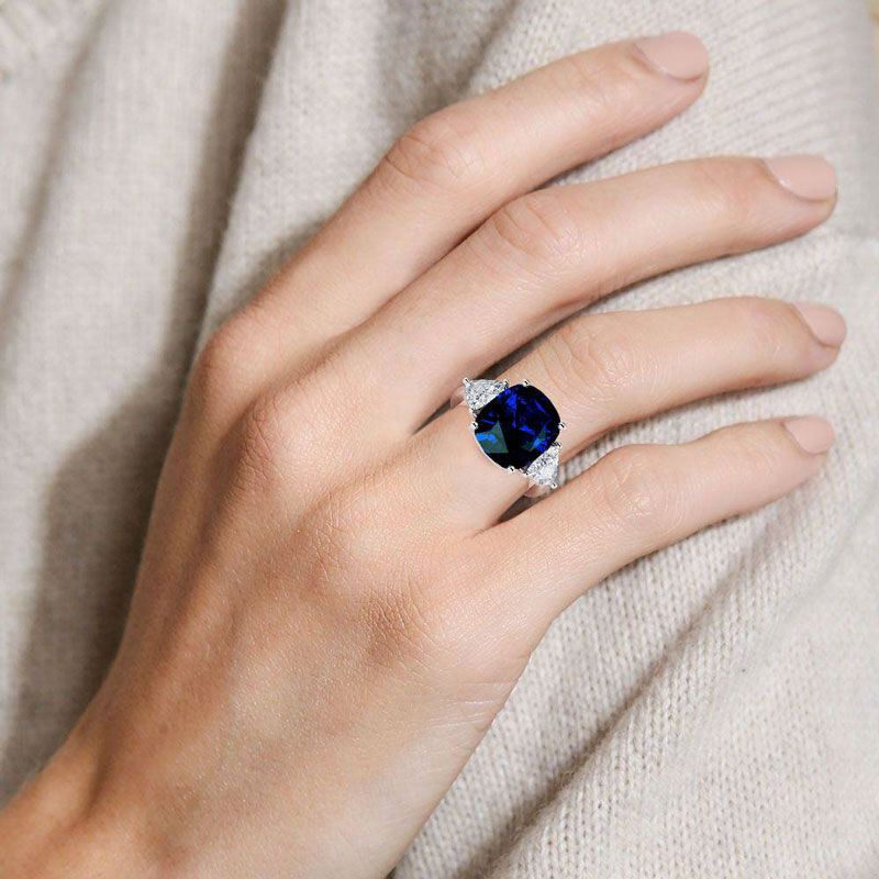 Three Stone Sapphire Cushion Cut Sterling Silver Ring