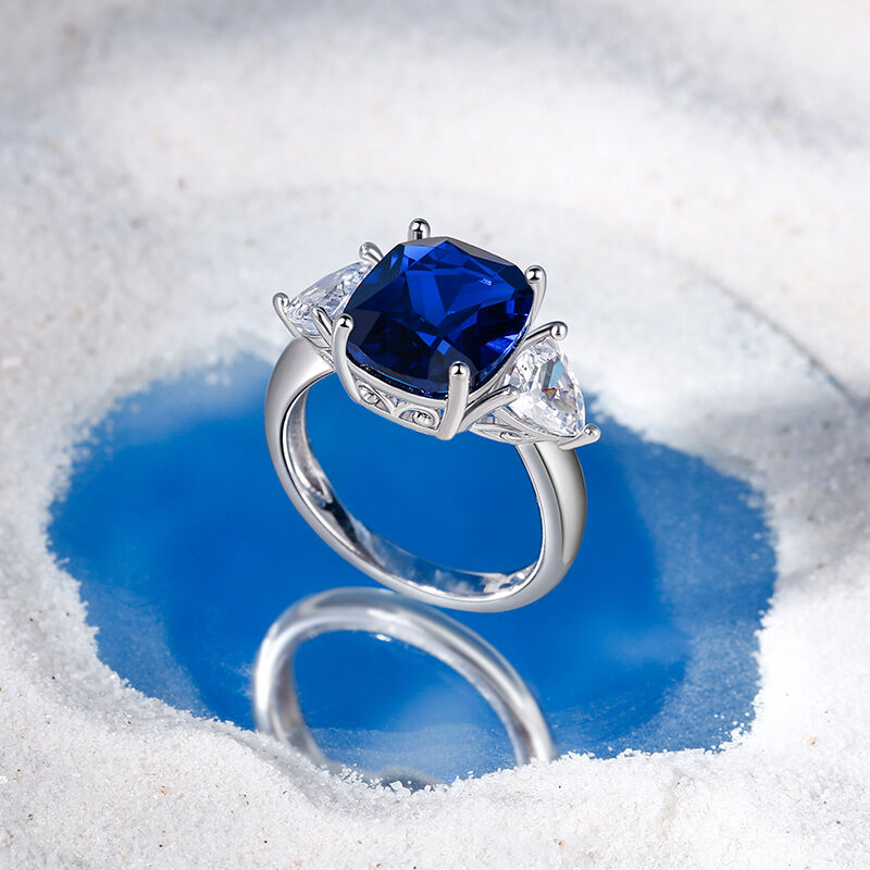 Three Stone Sapphire Cushion Cut Sterling Silver Ring