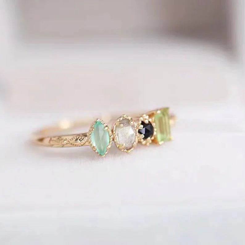 925 Sterling Silver Four Gemstone Fashion Pave Ring