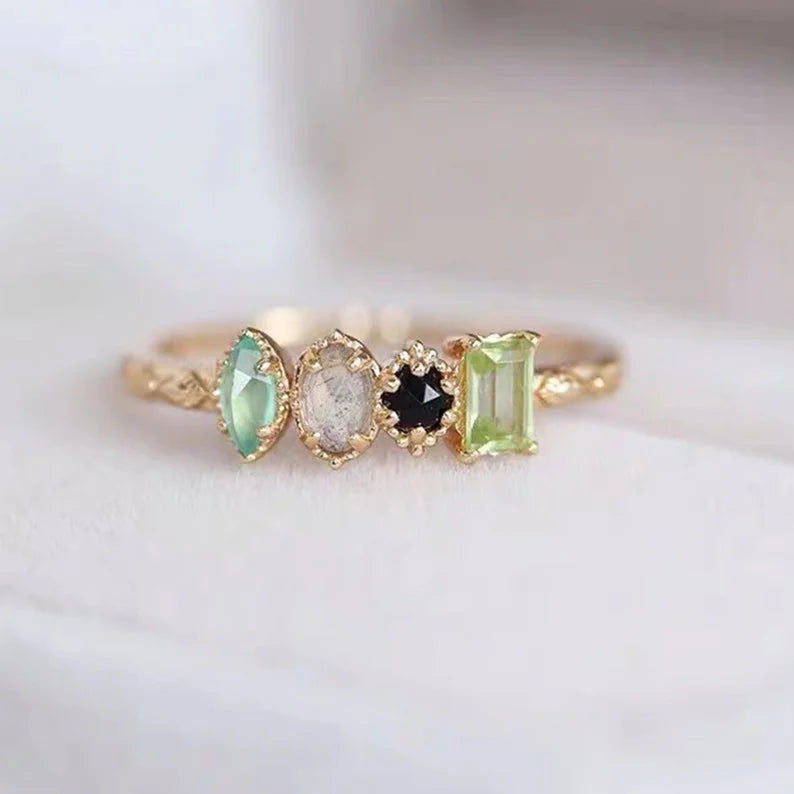 925 Sterling Silver Four Gemstone Fashion Pave Ring