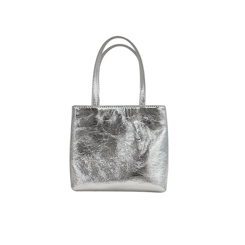 Simple top layer cowhide handbags Chain silver bag Crossbody bag Small square bag Soft leather bag