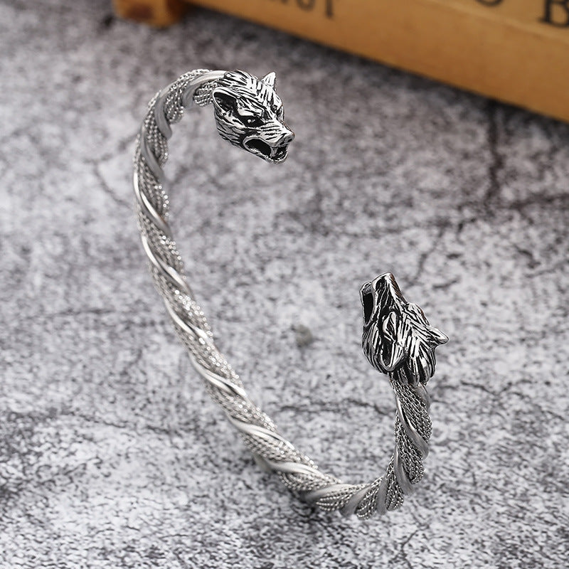 Fashionable double wolf head punk titanium steel men's bracelet