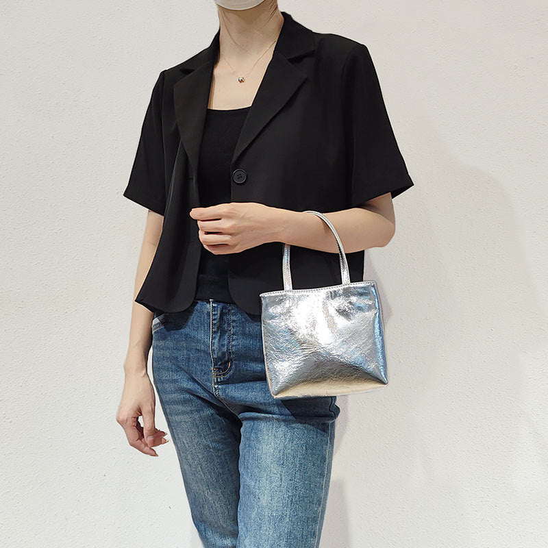 Simple top layer cowhide handbags Chain silver bag Crossbody bag Small square bag Soft leather bag