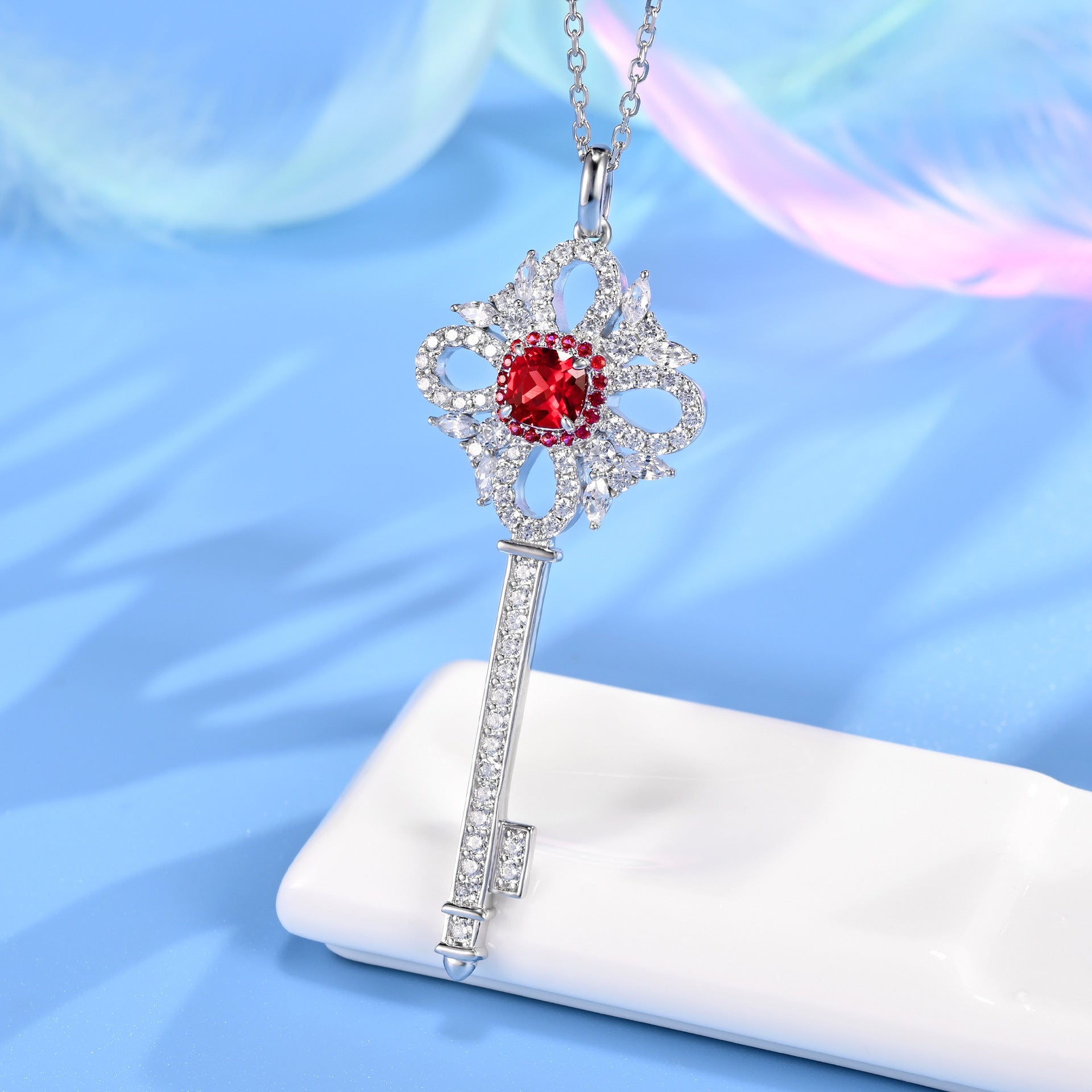 Fashionable ruby key collarbone necklace for women