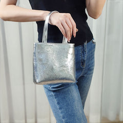 Simple top layer cowhide handbags Chain silver bag Crossbody bag Small square bag Soft leather bag