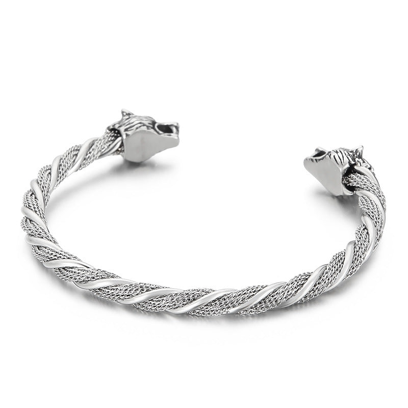 Fashionable double wolf head punk titanium steel men's bracelet