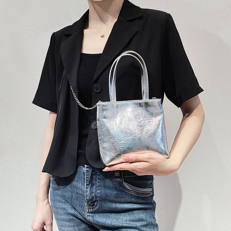 Simple top layer cowhide handbags Chain silver bag Crossbody bag Small square bag Soft leather bag