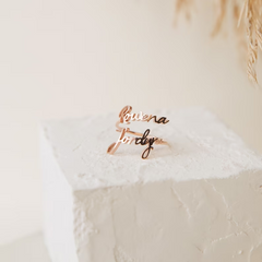 Double name rings Double name rings in sterling silver, yellow gold and rose gold